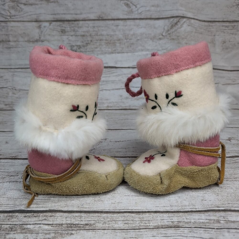 Handmade Native American Mukluk Leather With Fur Boots Youth Size 4 - Picture 6 of 9